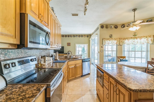 34239 Woodridge Ln, Eustis, FL 32736 - kitchen with stainless steel appliances, a sink, ceiling fan, tasteful backsplash, and dark stone countertops