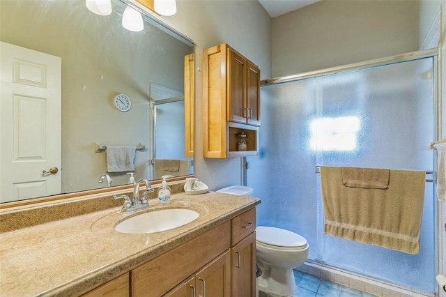 34239 Woodridge Ln, Eustis, FL 32736 - bathroom with vanity, toilet, a shower with shower door, and tile patterned floors