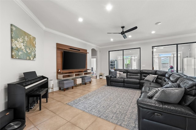 1716 Wild Indigo Ter, Oviedo, FL 32766 - living area featuring ceiling fan, light tile patterned floors, ornamental molding, recessed lighting, and arched walkways