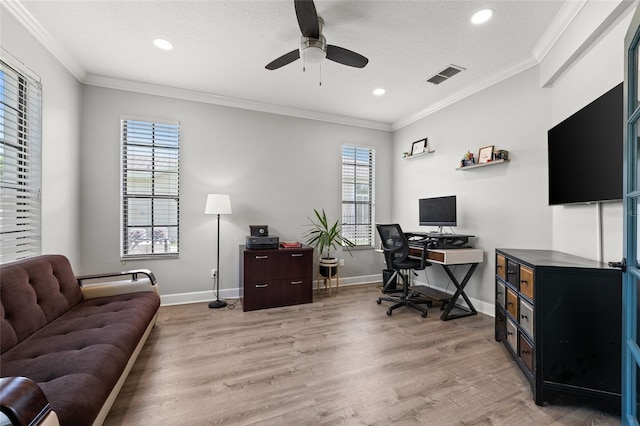 1716 Wild Indigo Ter, Oviedo, FL 32766 - office area featuring ceiling fan, light wood-style floors, baseboards, recessed lighting, and crown molding