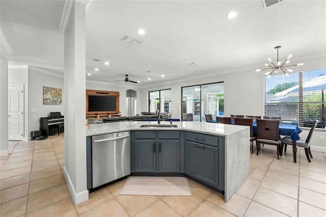 1716 Wild Indigo Ter, Oviedo, FL 32766 - kitchen with stainless steel dishwasher, a sink, ornamental molding, light tile patterned floors, and open floor plan