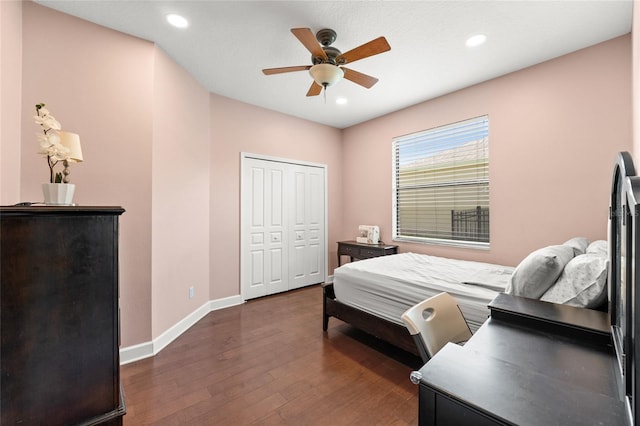 1716 Wild Indigo Ter, Oviedo, FL 32766 - bedroom with dark wood-style flooring, baseboards, a closet, ceiling fan, and recessed lighting