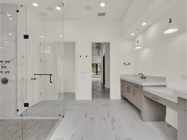 7615 SE 12th Cir, Ocala, FL 34480 - bathroom featuring a marble finish shower, marble look tiles, vanity, recessed lighting, and baseboards
