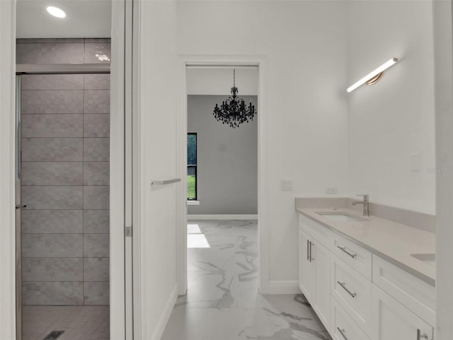 7615 SE 12th Cir, Ocala, FL 34480 - bathroom with marble finish flooring, baseboards, a stall shower, double vanity, and recessed lighting
