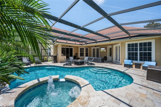 8475 Eagles Loop Cir, Windermere, FL 34786 - view of pool with ceiling fan, a pool with connected hot tub, a patio, french doors, and an outdoor living space with a fire pit