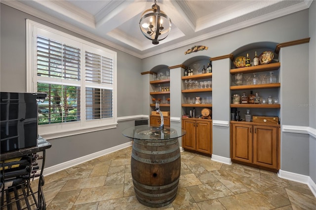 8475 Eagles Loop Cir, Windermere, FL 34786 - bar area with stone tile floors, ornamental molding, coffered ceiling, baseboards, and beamed ceiling