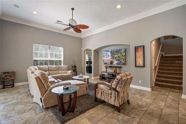 8475 Eagles Loop Cir, Windermere, FL 34786 - living area featuring a ceiling fan, arched walkways, crown molding, stairs, and recessed lighting