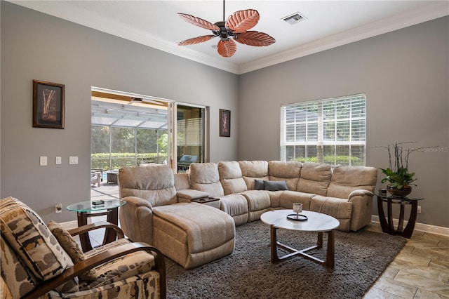 8475 Eagles Loop Cir, Windermere, FL 34786 - living room featuring a ceiling fan, baseboards, stone tile flooring, ornamental molding, and a sunroom