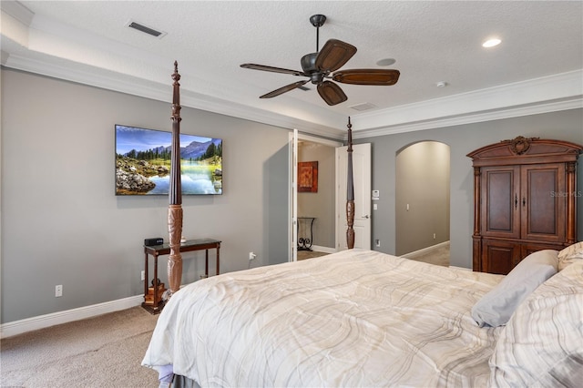 8475 Eagles Loop Cir, Windermere, FL 34786 - bedroom featuring arched walkways, light carpet, crown molding, baseboards, and ceiling fan