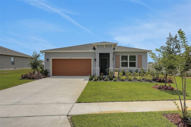 387 Avi Ct, Titusville, FL 32796 - view of front of house with stucco siding, an attached garage, driveway, and a front yard