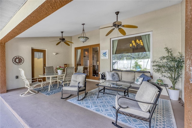 612 Golden Dawn, Apopka, FL 32712 - living room featuring ceiling fan, french doors, finished concrete floors, and vaulted ceiling
