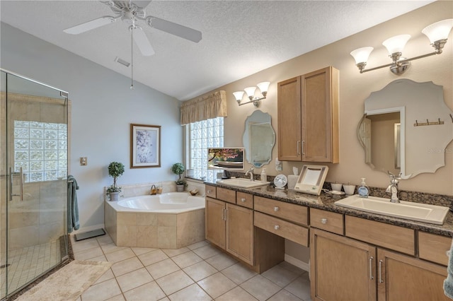 612 Golden Dawn, Apopka, FL 32712 - full bath featuring double vanity, lofted ceiling, a stall shower, a bath, and tile patterned floors
