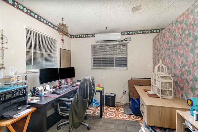 11509 Cameron St, Orlando, FL 32817 - office area with a wall mounted air conditioner, a textured ceiling, and wallpapered walls