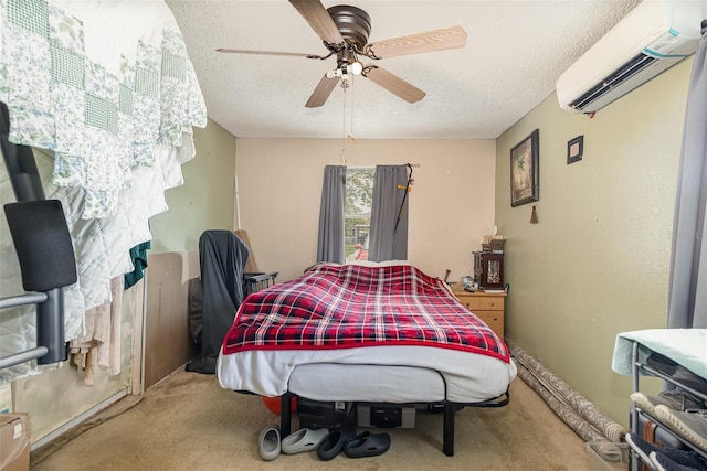 11509 Cameron St, Orlando, FL 32817 - carpeted bedroom with a wall mounted air conditioner, a textured ceiling, and ceiling fan