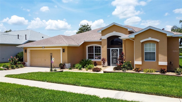 27143 Nostalgia Dr, Leesburg, FL 34748 - ranch-style house featuring stucco siding, a garage, a front yard, driveway, and roof with shingles