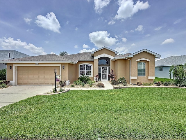 27143 Nostalgia Dr, Leesburg, FL 34748 - ranch-style home featuring stucco siding, an attached garage, a front yard, and driveway