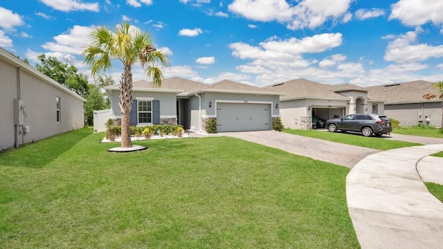 6013 Mount Zion Cir, Deland, FL 32724 - view of front of property with driveway, an attached garage, stucco siding, a front yard, and stone siding