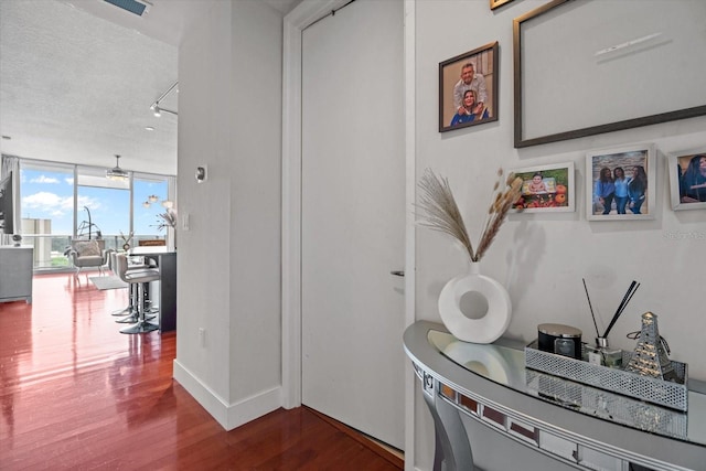 150 E Robinson St Unit 16B-2 # 1605, Orlando, FL 32801 - hallway with a wall of windows, dark wood finished floors, a textured ceiling, and baseboards