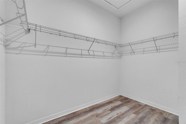 8518 Nemours Pkwy, Orlando, FL 32827 - walk in closet featuring wood finished floors and attic access
