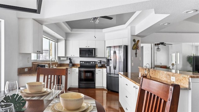260 Coronado Dr, Punta Gorda, FL 33950 - kitchen with range with electric cooktop, a ceiling fan, stainless steel fridge, a tray ceiling, and dark wood-style floors