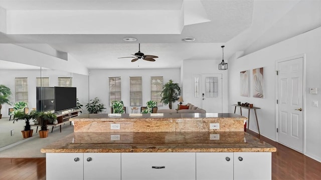 260 Coronado Dr, Punta Gorda, FL 33950 - kitchen with dark wood finished floors, a ceiling fan, white cabinetry, lofted ceiling, and open floor plan