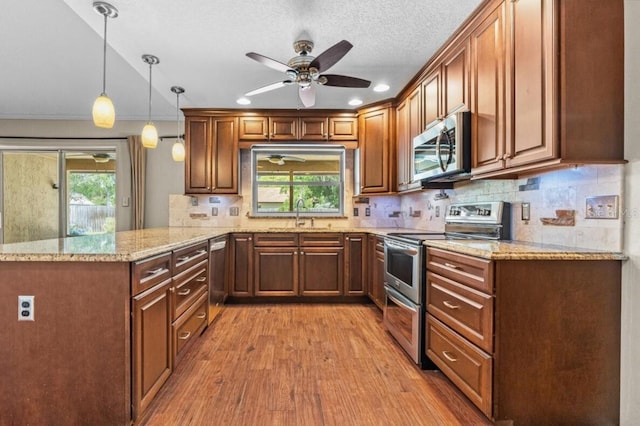 3942 Orange Lake Dr, Orlando, FL 32817 - kitchen featuring stainless steel appliances, a peninsula, light wood-style floors, healthy amount of natural light, and crown molding