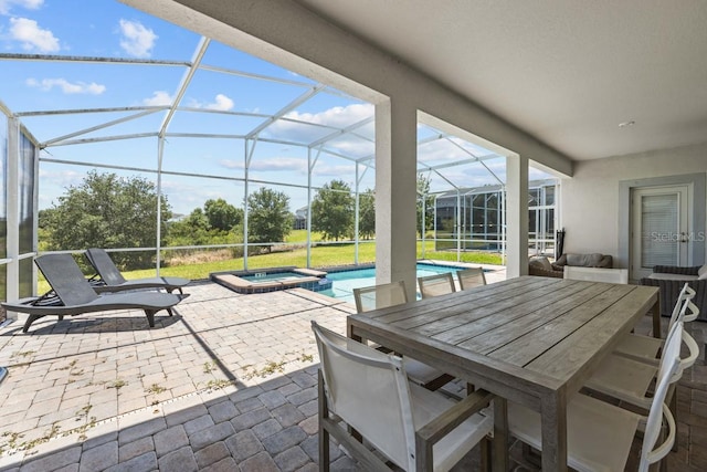 8822 Interlocking Ct, Davenport, FL 33896 - view of patio / terrace featuring a pool with connected hot tub, glass enclosure, and outdoor dining space