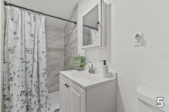 10227 Parsons St, Tampa, FL 33615 - bathroom with vanity, a textured wall, toilet, and a shower with shower curtain
