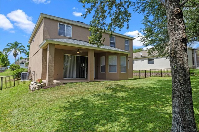 12824 Cloverdale Ln, Clermont, FL 34711 - rear view of house with stucco siding, ceiling fan, a fenced backyard, and a patio area