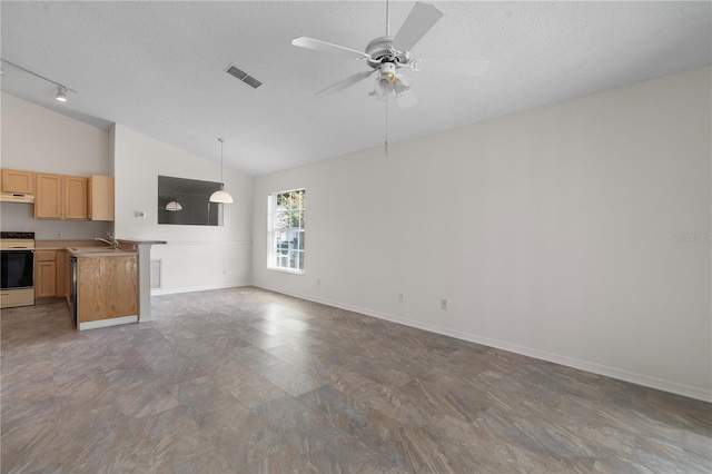 9145 Fort Jefferson Blvd, Orlando, FL 32822 - unfurnished living room with a sink, vaulted ceiling, a textured ceiling, ceiling fan, and baseboards