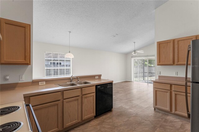 9145 Fort Jefferson Blvd, Orlando, FL 32822 - kitchen with dishwasher, a sink, freestanding refrigerator, ceiling fan, and a textured ceiling