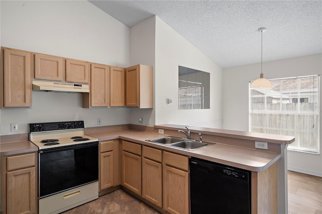 9145 Fort Jefferson Blvd, Orlando, FL 32822 - kitchen featuring electric range, under cabinet range hood, black dishwasher, a sink, and a peninsula