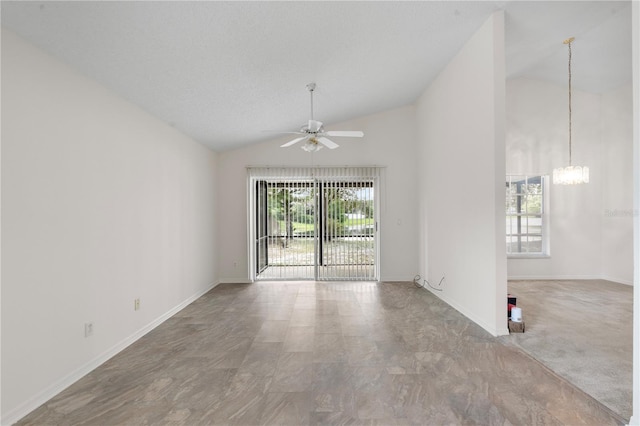 9145 Fort Jefferson Blvd, Orlando, FL 32822 - unfurnished room with ceiling fan, a chandelier, baseboards, and high vaulted ceiling