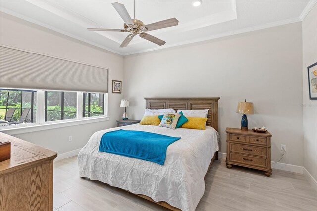 15049 Canopy Cover Dr, Winter Garden, FL 34787 - bedroom featuring baseboards, a raised ceiling, crown molding, a ceiling fan, and recessed lighting