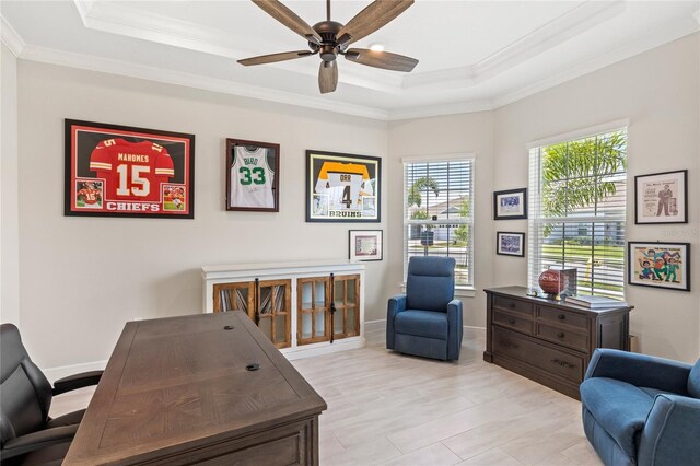 15049 Canopy Cover Dr, Winter Garden, FL 34787 - office space featuring a tray ceiling, a ceiling fan, crown molding, and baseboards