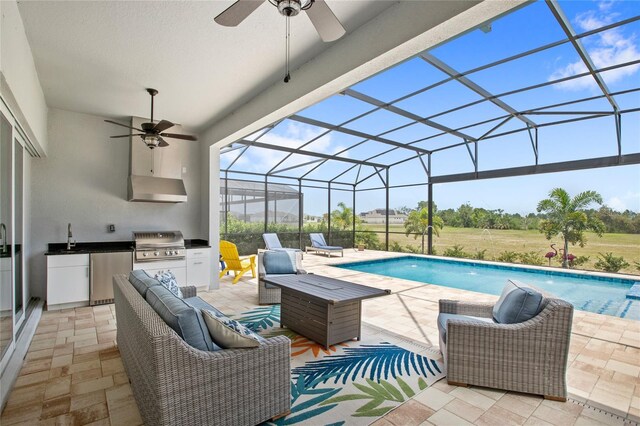 15049 Canopy Cover Dr, Winter Garden, FL 34787 - outdoor pool with ceiling fan, a patio area, a lanai, and an outdoor hangout area
