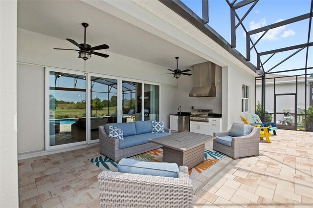 15049 Canopy Cover Dr, Winter Garden, FL 34787 - view of patio / terrace with ceiling fan, an outdoor living space, glass enclosure, and a sink