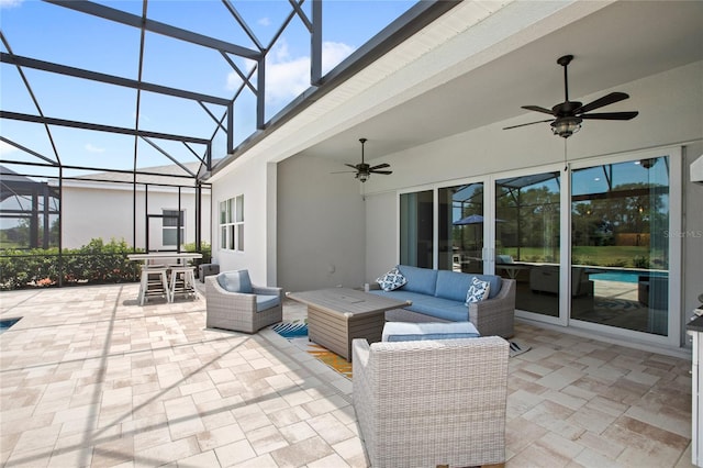 15049 Canopy Cover Dr, Winter Garden, FL 34787 - view of patio / terrace featuring a ceiling fan, an outdoor living space, outdoor dining space, and glass enclosure