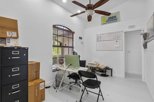 4905 Emilee Grace Ln, Saint Cloud, FL 34771 - office area with a ceiling fan, baseboards, a towering ceiling, light tile patterned floors, and recessed lighting
