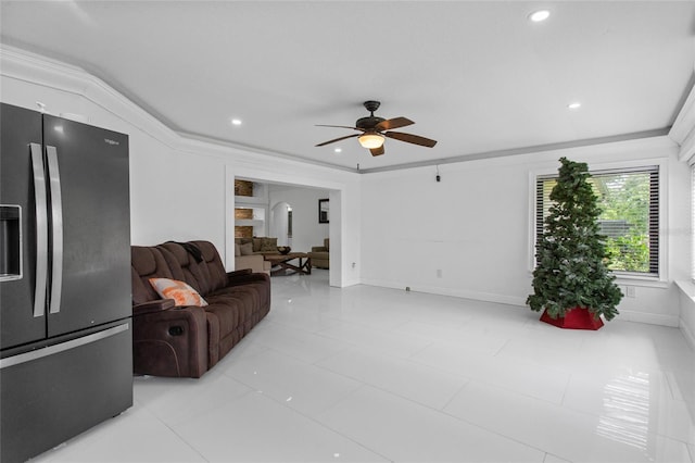 4905 Emilee Grace Ln, Saint Cloud, FL 34771 - living area featuring ceiling fan, baseboards, recessed lighting, crown molding, and light tile patterned floors