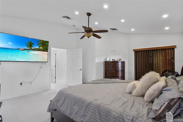 4905 Emilee Grace Ln, Saint Cloud, FL 34771 - bedroom featuring vaulted ceiling, recessed lighting, light tile patterned floors, ceiling fan, and baseboards