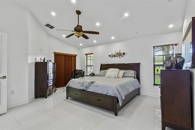 4905 Emilee Grace Ln, Saint Cloud, FL 34771 - bedroom with multiple windows, vaulted ceiling, baseboards, recessed lighting, and a ceiling fan