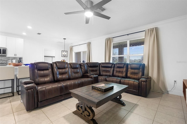 15356 White Tail Loop, Mascotte, FL 34753 - living room featuring ornamental molding, light tile patterned floors, ceiling fan, and recessed lighting