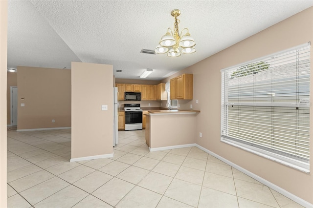 476 Basking Ridge Ct, Ocoee, FL 34761 - kitchen featuring white appliances, a chandelier, a textured ceiling, open floor plan, and light countertops