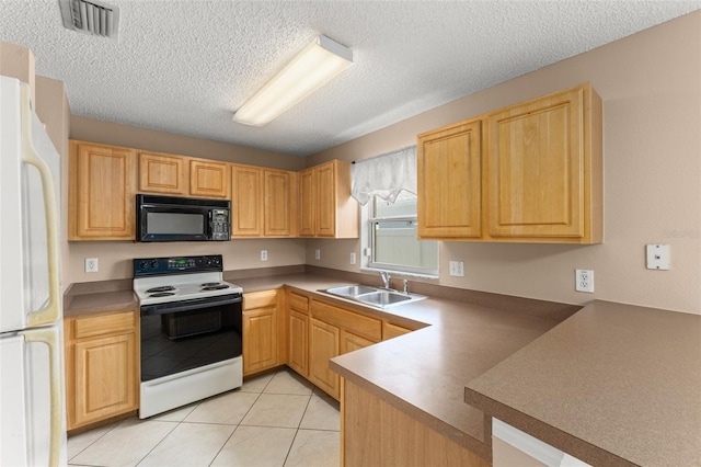 476 Basking Ridge Ct, Ocoee, FL 34761 - kitchen featuring white appliances, a sink, a peninsula, a textured ceiling, and light brown cabinetry