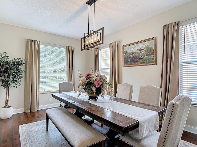 18109 Kara Ct, Tampa, FL 33647 - dining space featuring a chandelier, baseboards, dark wood-style floors, and a textured ceiling