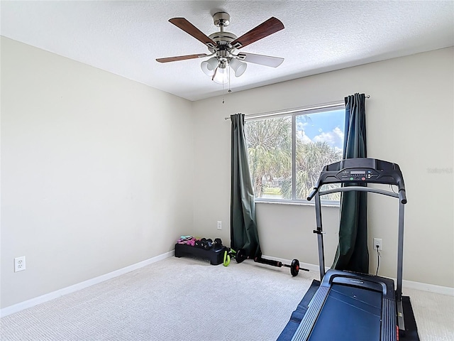 18109 Kara Ct, Tampa, FL 33647 - exercise area featuring carpet, baseboards, a ceiling fan, and a textured ceiling