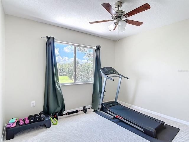 18109 Kara Ct, Tampa, FL 33647 - workout area featuring baseboards, a ceiling fan, a textured ceiling, and carpet floors