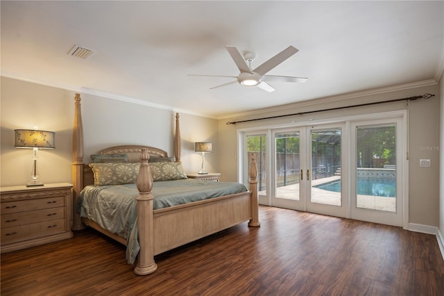 2009 Woody Dr, Windermere, FL 34786 - bedroom featuring crown molding, access to exterior, dark wood finished floors, ceiling fan, and baseboards
