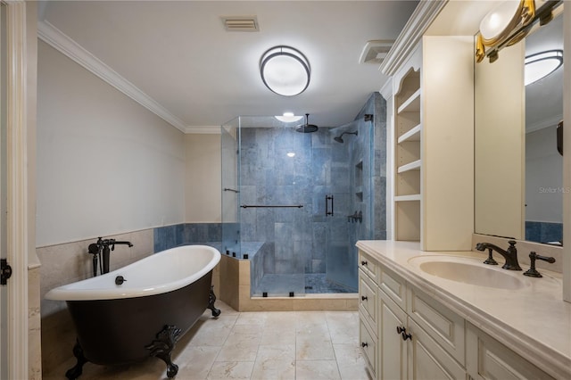 2009 Woody Dr, Windermere, FL 34786 - full bath featuring a stall shower, vanity, a freestanding tub, ornamental molding, and tile walls